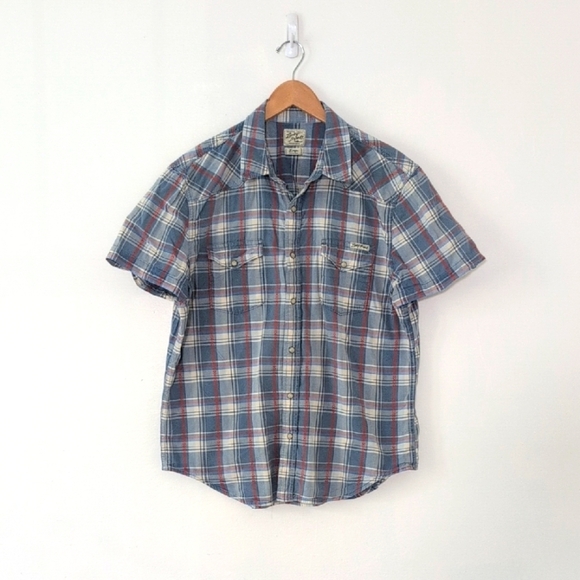 Lucky Brand Other - Lucky Brand Western Snap Button Down Short Sleeve Blue Orange Plaid Shirt Large